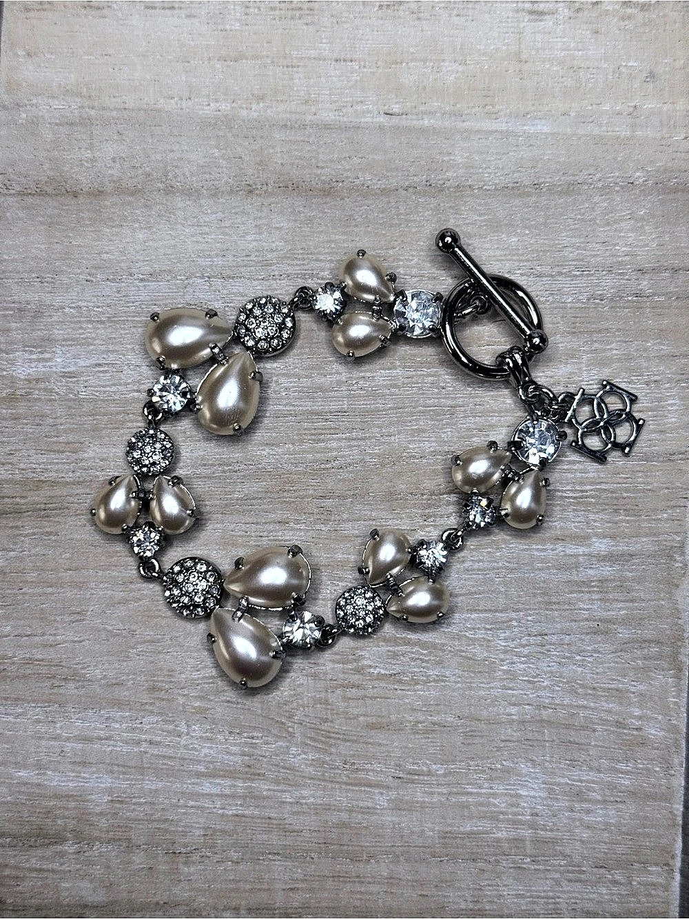 Chunky Stainless Steel Teardrop Pearl & Crystal Pavé Charm Bracelet